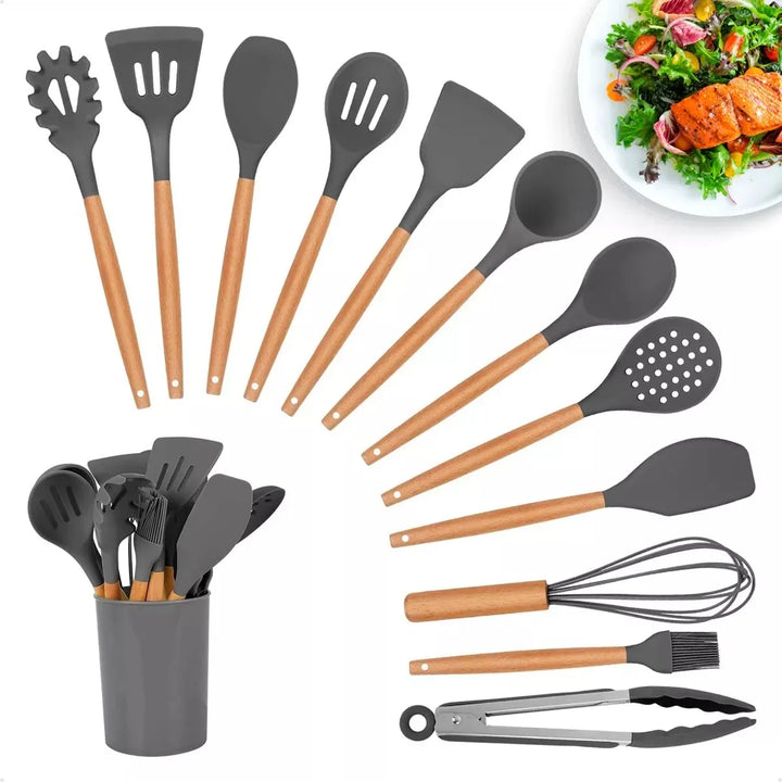 Kit de Utensílios de Cozinha Premium - 12 Peças em Silicone e Madeira Luxo