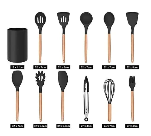 Kit de Utensílios de Cozinha Premium - 12 Peças em Silicone e Madeira Luxo