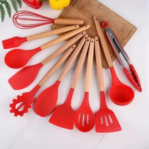 Kit de Utensílios de Cozinha Premium - 12 Peças em Silicone e Madeira Luxo