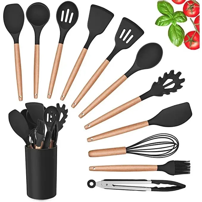 Kit de Utensílios de Cozinha Premium - 12 Peças em Silicone e Madeira Luxo